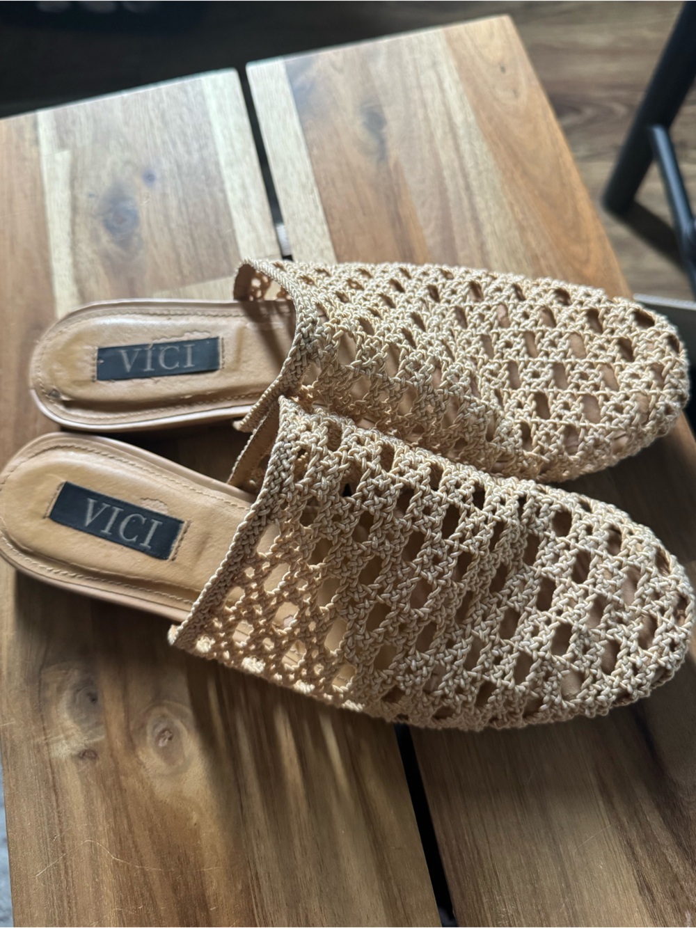 VICI Women's Crochet Slide Mules in Beige 8